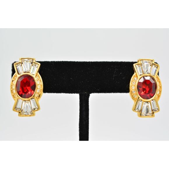 Givenchy Vintage Crystal Earrings Red Baguette Rhinestone Gold Signed 80s BinAG - Picture 1 of 12